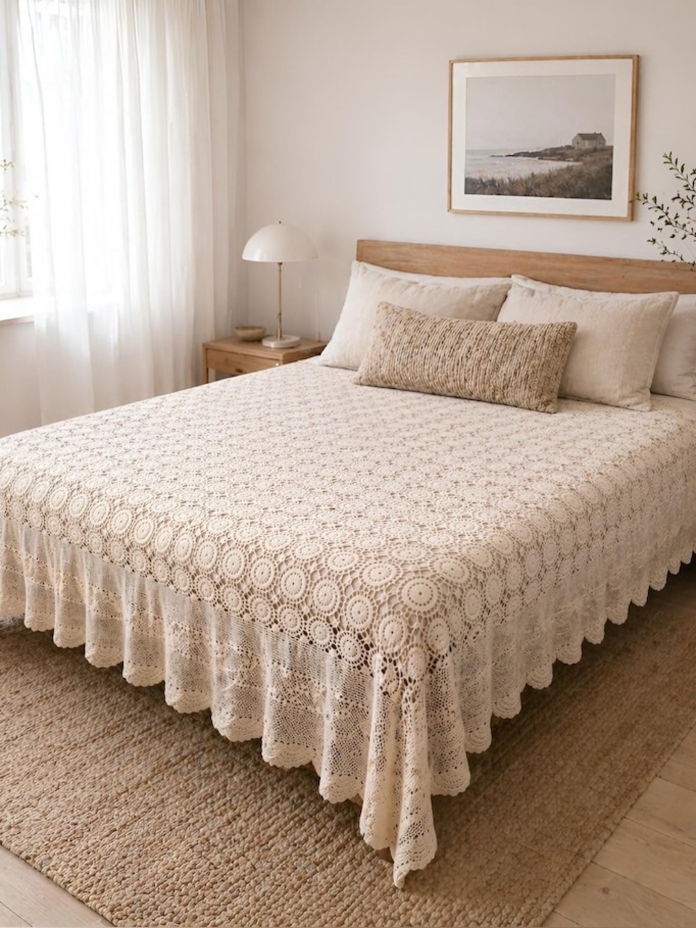 Vintage 120x66 Ivory Cream White Crochet Bedspread Coverlet Banquet Tablecloth